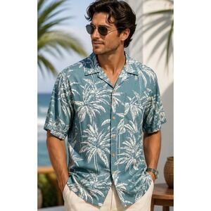 NEW! Jamaica Jaxx Tropical 100% Silk Button Front Camp Shirt Green SZ L